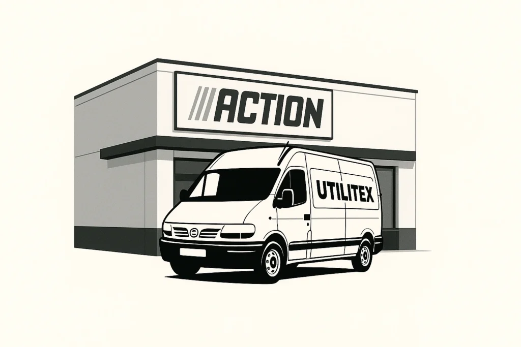 camionnette Utilitex garé face à un magasin Action